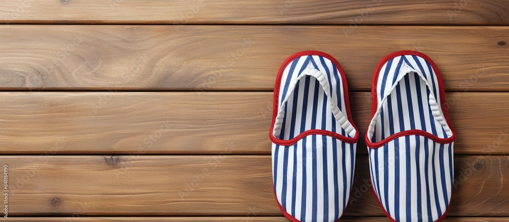 Wooden background with striped and white slippers