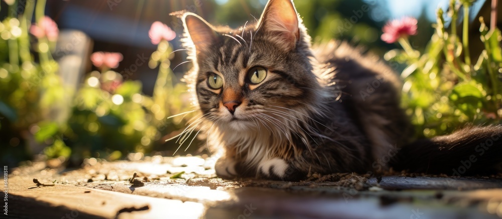 Tricolor cat enjoying sunlight indoors