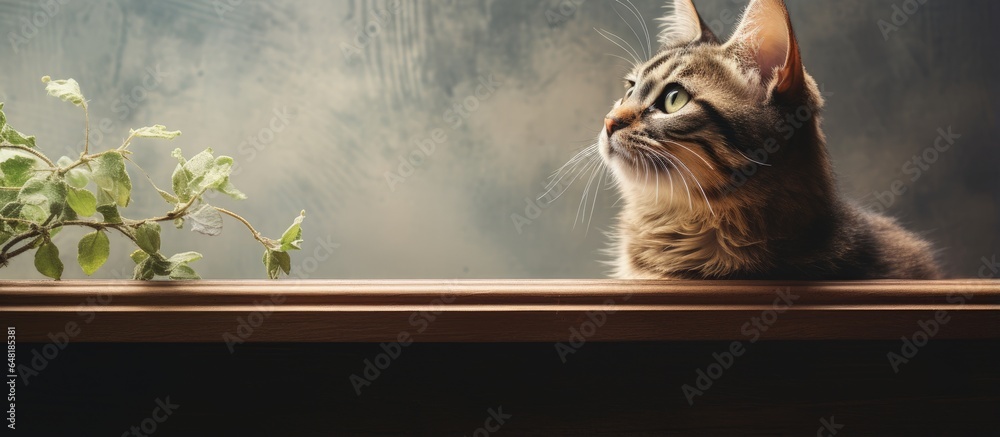 Tabby feline observing outdoors from windowsill