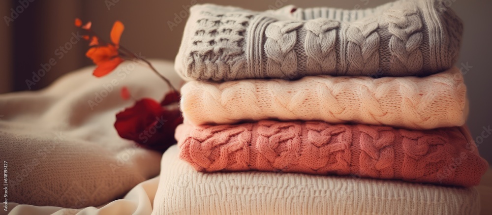 Stacked on a cozy bed four unique knitted wool sweaters are neatly piled basking in a warm glow Comfort of home Fall