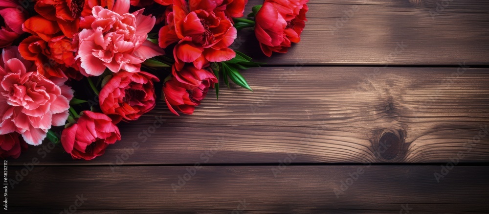 Red flowers arranged in a ranunculus bouquet against a wooden backdrop