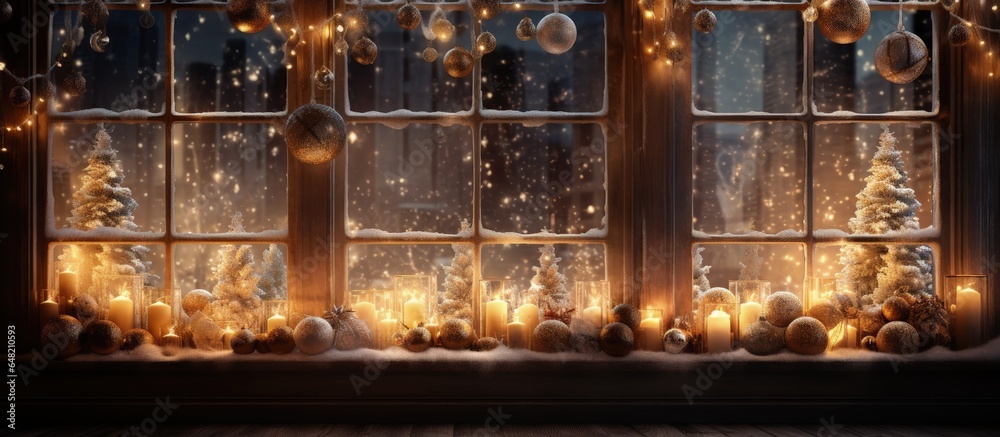 Window frame with Christmas lights as background