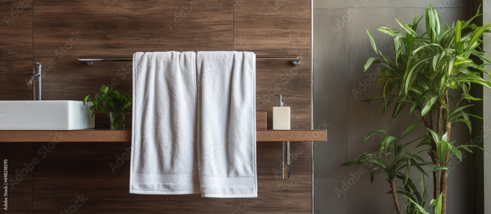 White towel on metal bathroom hanger