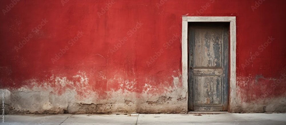 The aged crimson door eagerly awaits to be opened