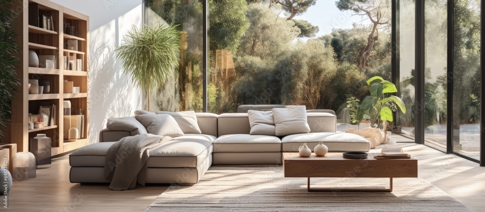 Sleek living room with inviting couch and glass doors