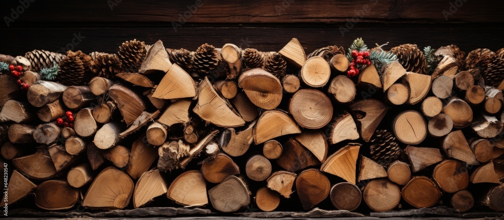 Securing stack of firewood with Xmas tree