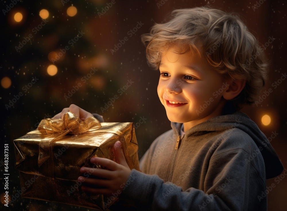 A young boy is excited to open his xmas present under the christmas tree