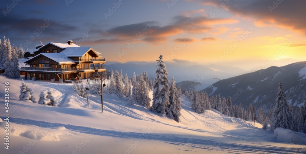 Hotel on the snow slope in beautiful country winter sunset