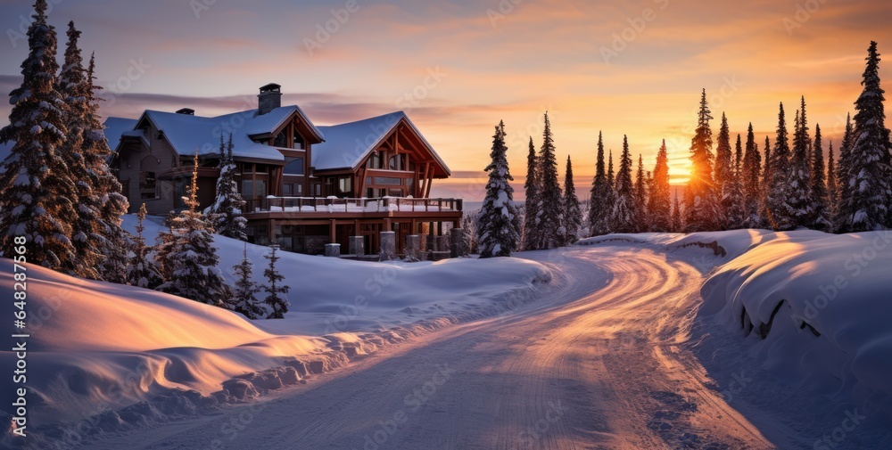 Hotel on the snow slope in beautiful country winter sunset