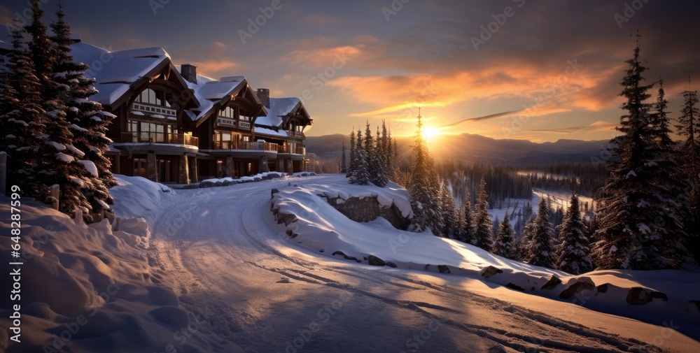 Hotel on the snow slope in beautiful country winter sunset