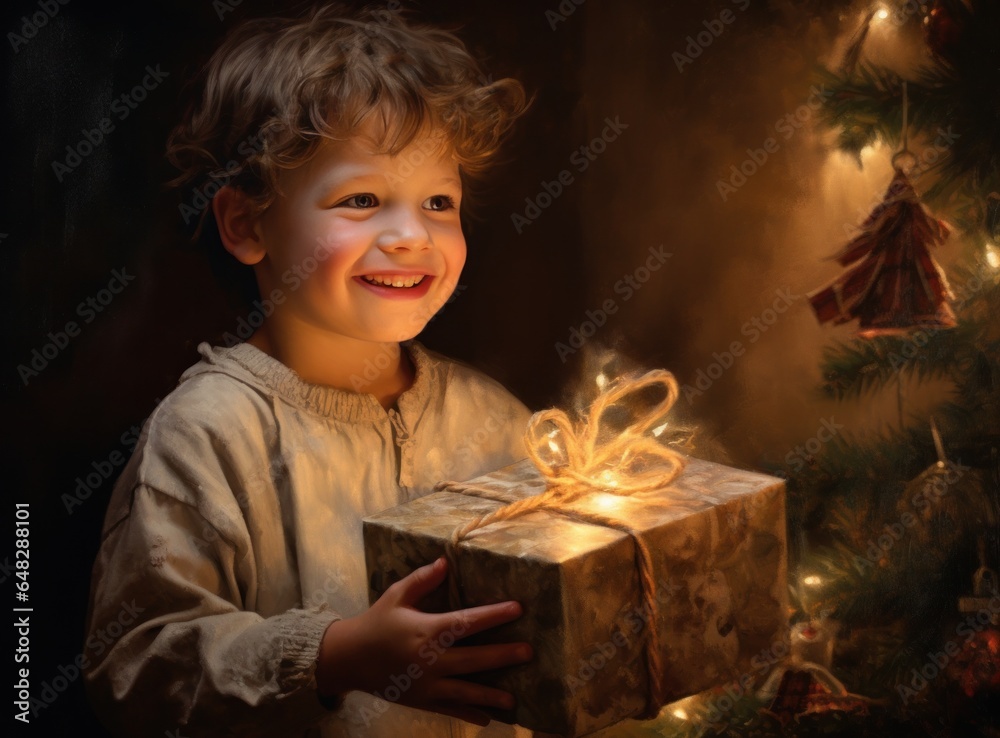 A young boy is excited to open his xmas present under the christmas tree