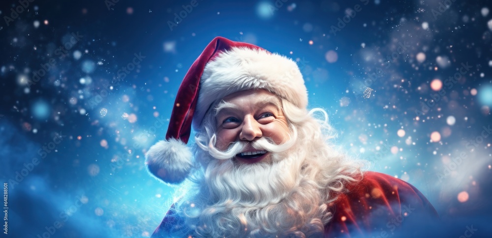 Santa clause blowing a bubble over a blue background