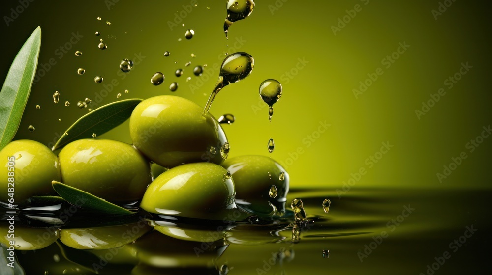 Olives and olive oil green background