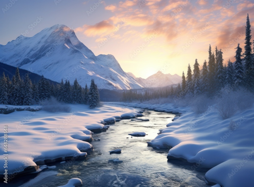 A beautiful landscape in winter with mountains reflected on the lake