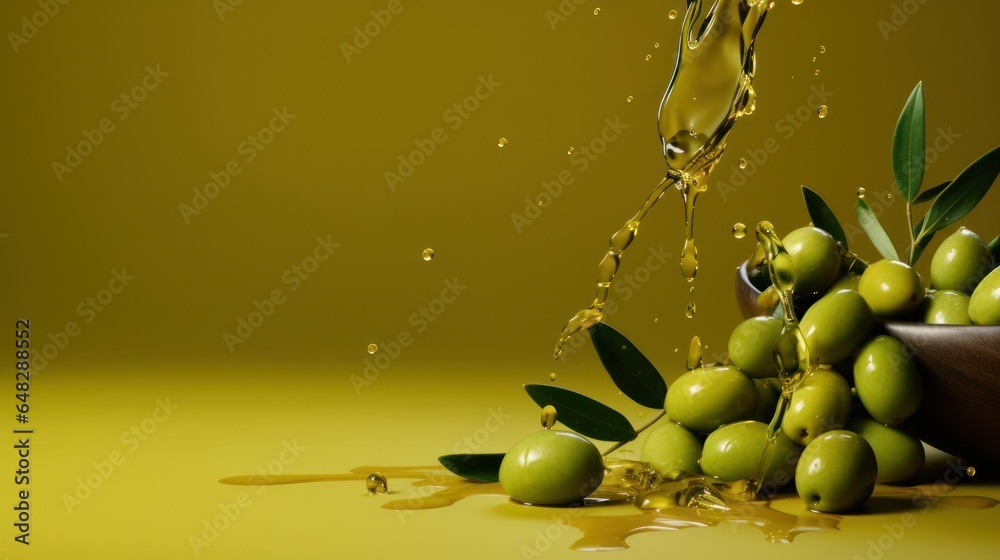 Olives and olive oil green background