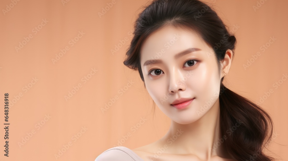 Asian woman portrait, Beautiful young asian woman with clean fresh skin on beige background, Facial treatment, Cosmetology.