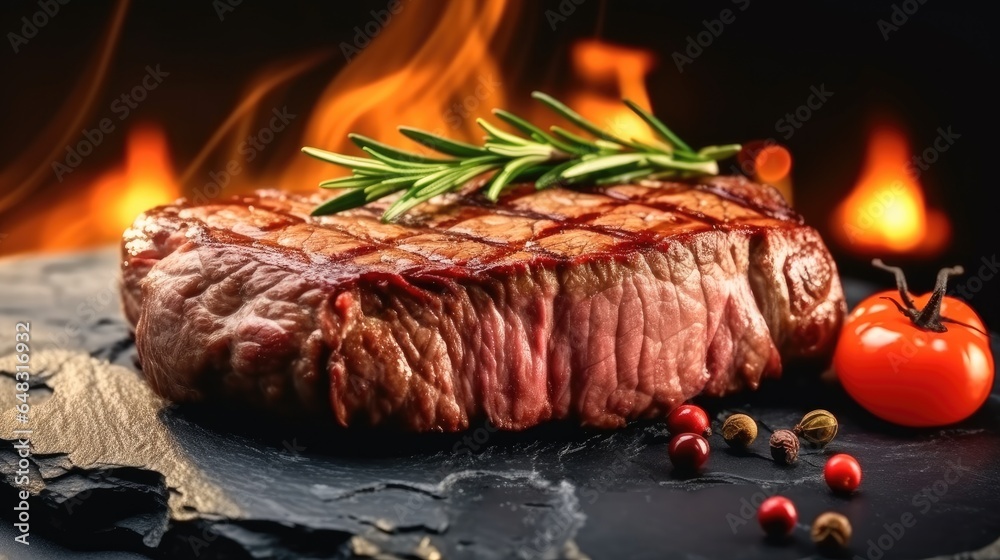 Beef steak on slate plate.