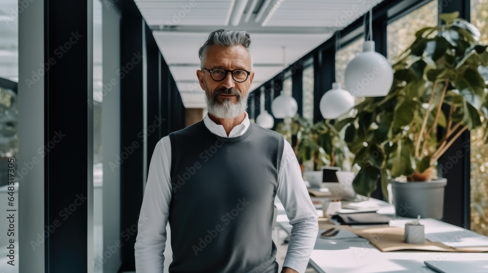 Confident mature architect standing in the office.