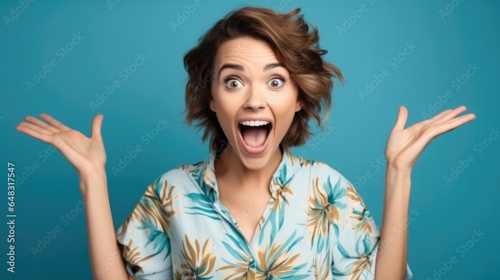 Happy girl raising palms scream on blue color background, Yeah.