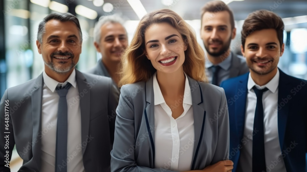 Portrait of happy businessmen and satisfied businesswomen standing as a team