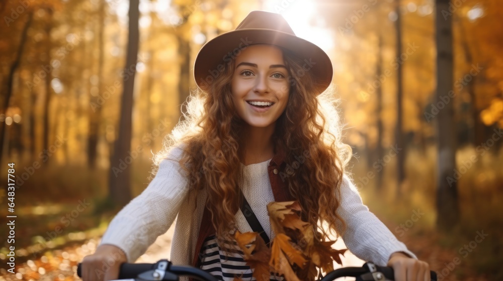 Happy woman rides a bicycle in an autumn park at sunset, Beautiful woman enjoying nature.