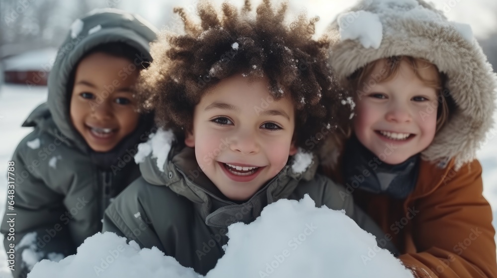 Happy group of children playing in the snow during winter.