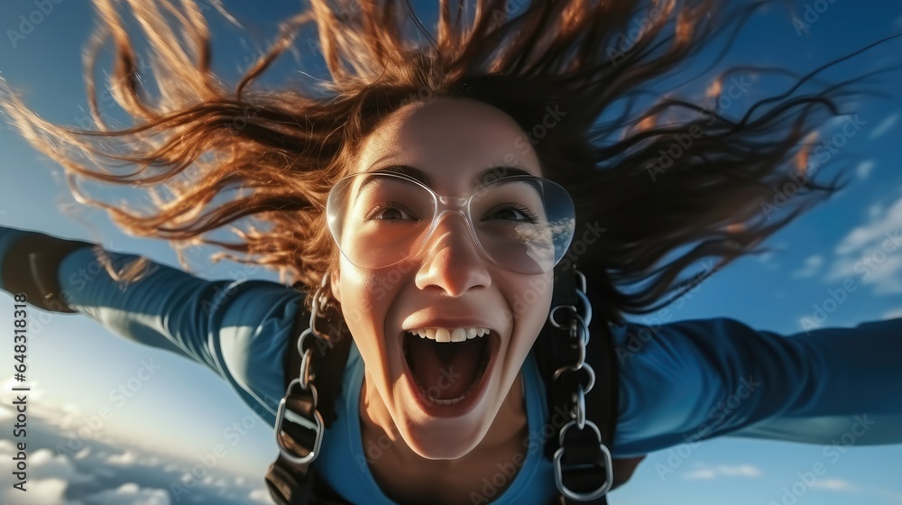 Happy girl parachutist on free fall blue sky.