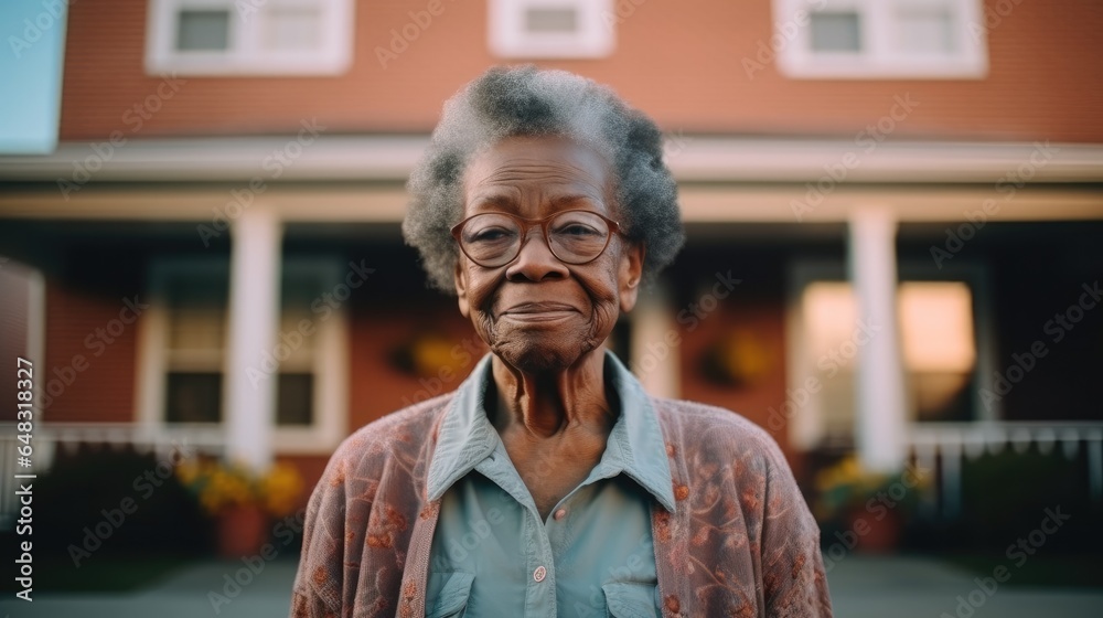 Senior African American woman standing outside at nursing home.