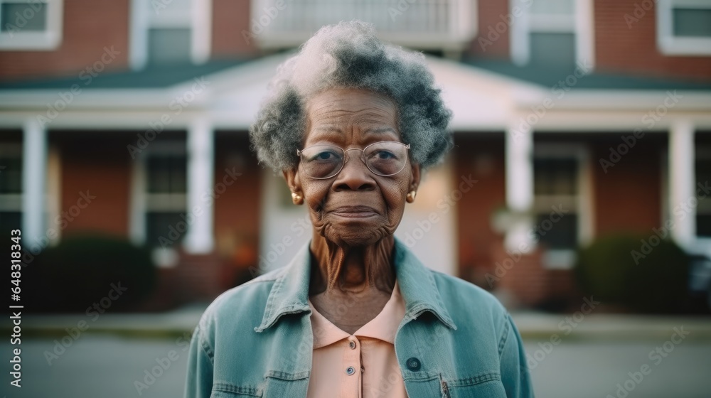 Senior African American woman standing outside at nursing home.