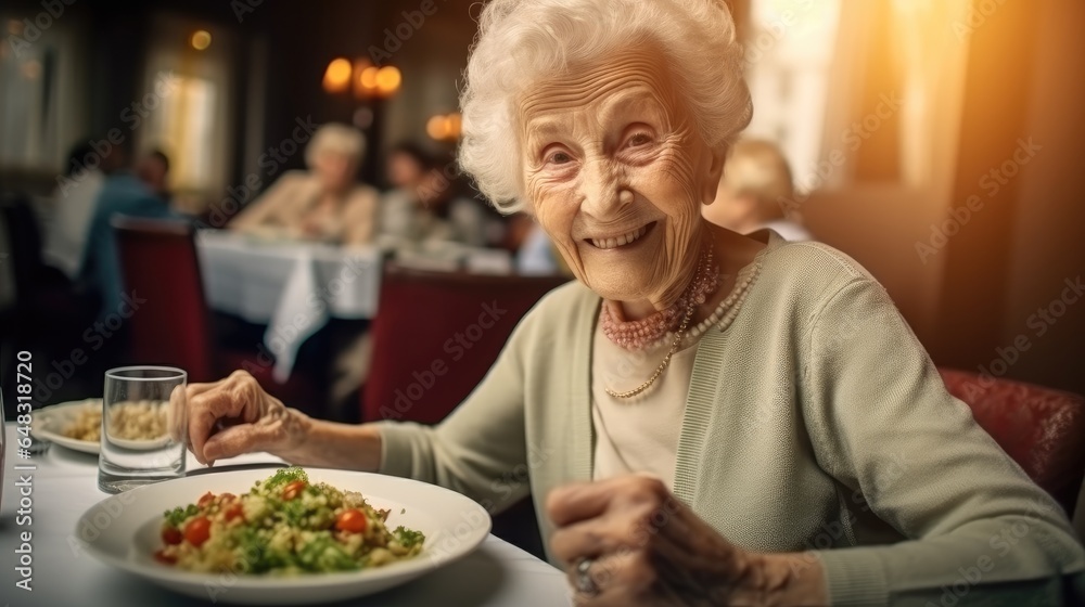 Portrait of senior woman eating.