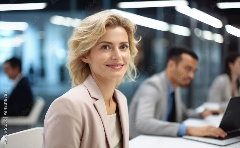 Beautiful middle aged woman on the background of business people in office, Positive confident professional.