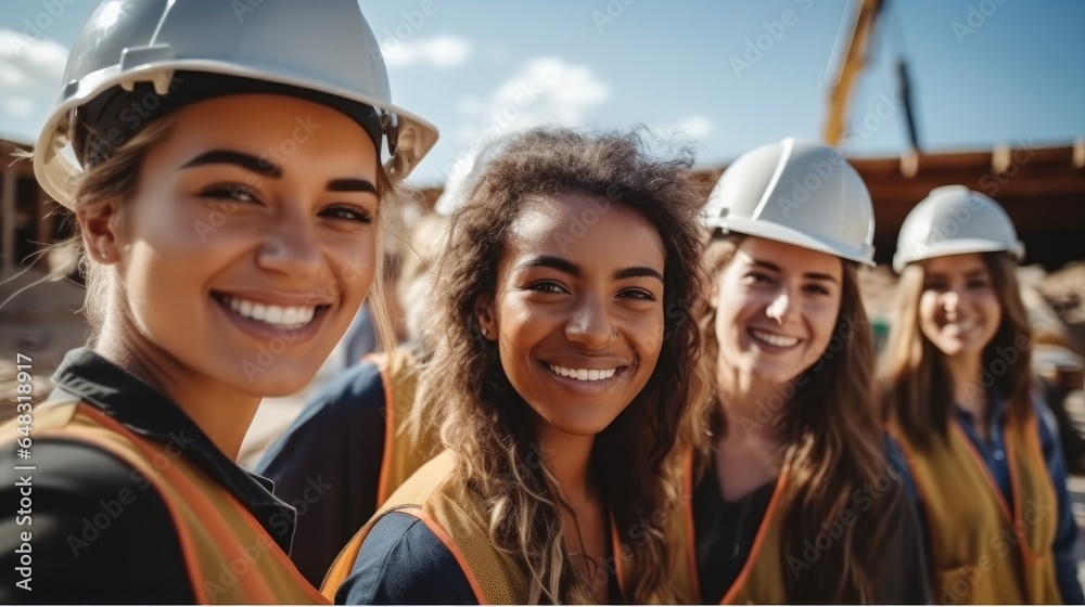 Diverse happy group of women working construction on a construction site.