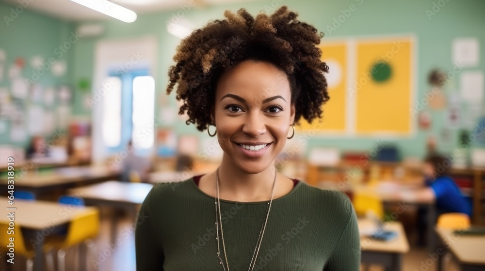 Portrait of happy African American kindergarten teacher in a kindergarten.