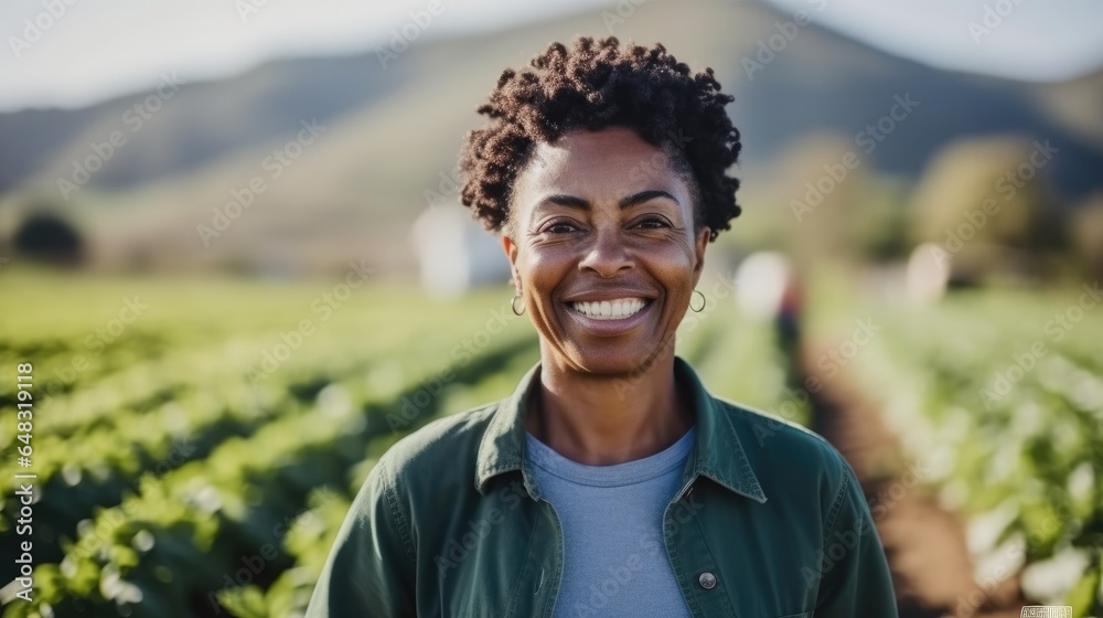 Portrait of farmer woman working on a farm field.