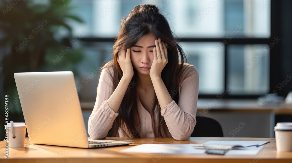 Stressed business asian woman working from at workplace on laptop, Tired and overwhelmed and migraine attack.