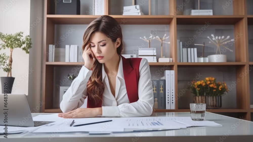 Stressed business asian woman working from at workplace on laptop, Tired and overwhelmed and migraine attack.