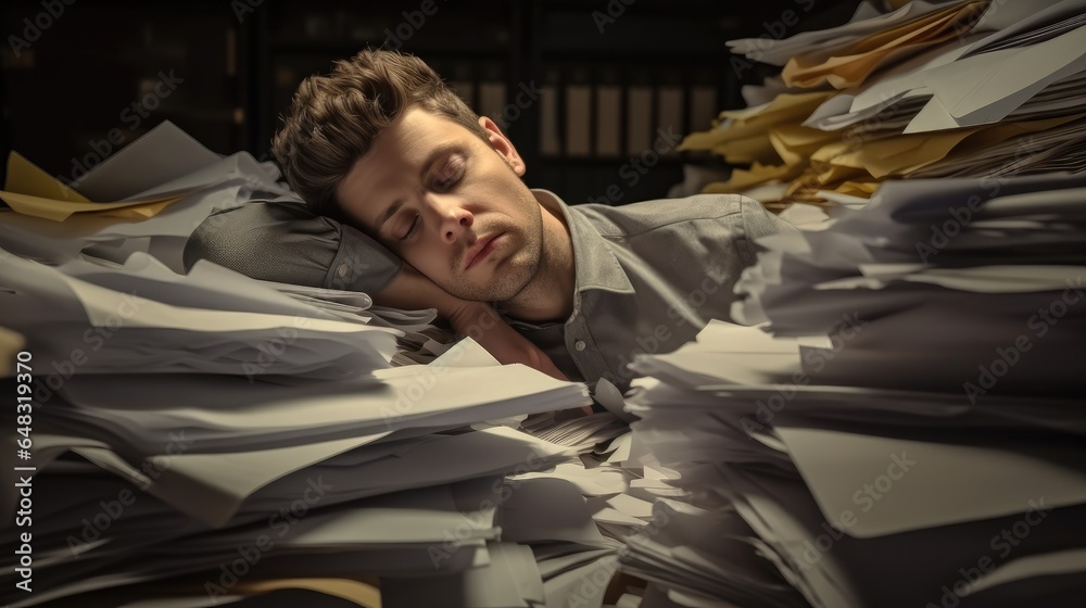 Businessman sleeping on stack of files in office.