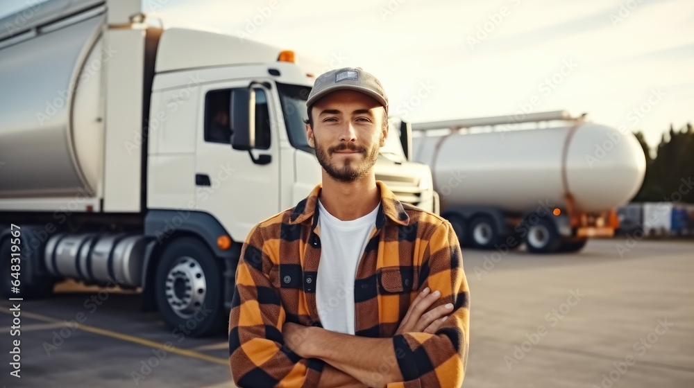 Young truck driver in casual clothes standing at front truck.