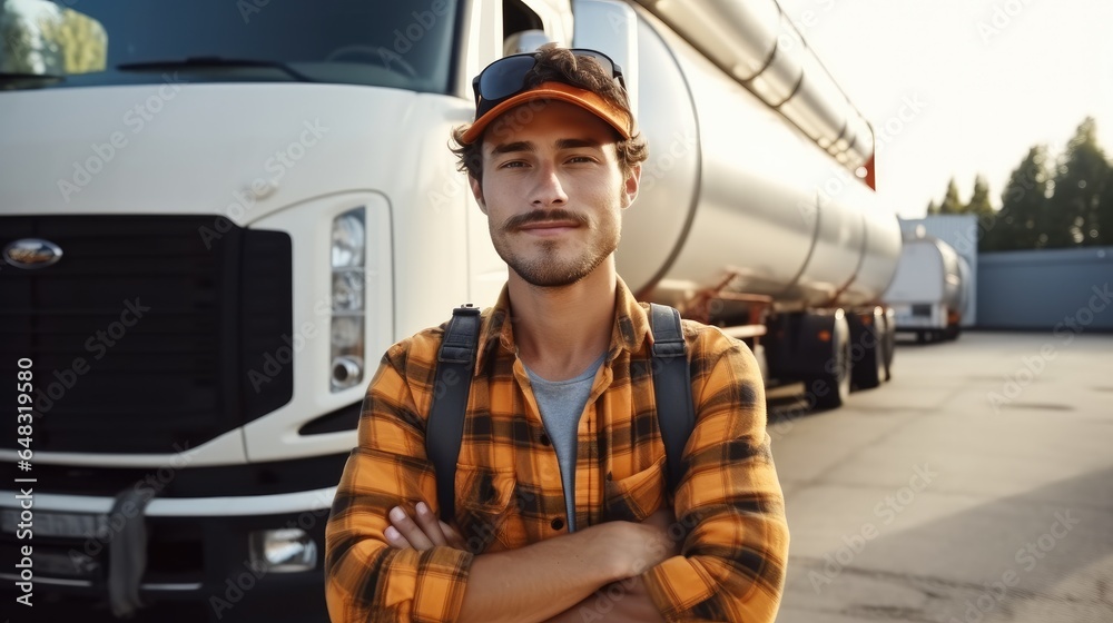 Young truck driver in casual clothes standing at front truck.