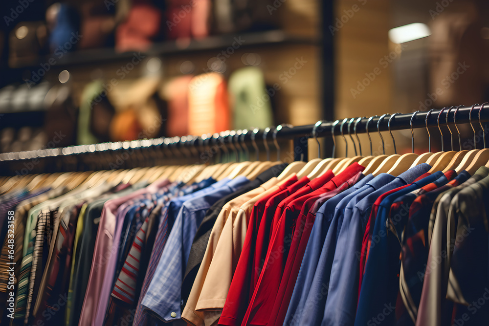 Stacks of clothes hang on wooden hangers in a fashion store. New colorful clothes hanging on rack on store display. Fashion and shopping concept