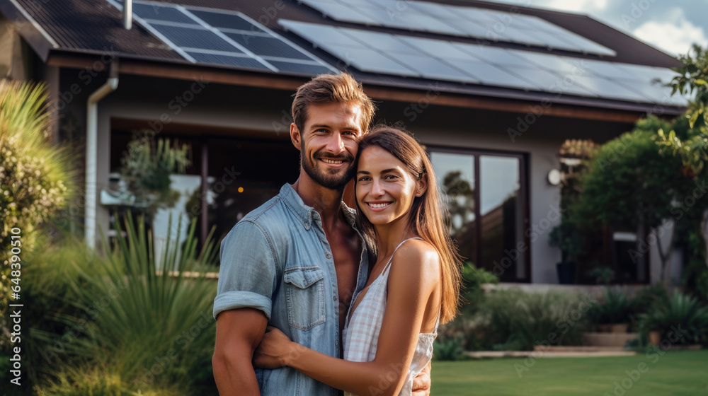 A happy couple stands smiling in front of a large house with solar panels installed. Generetive Ai