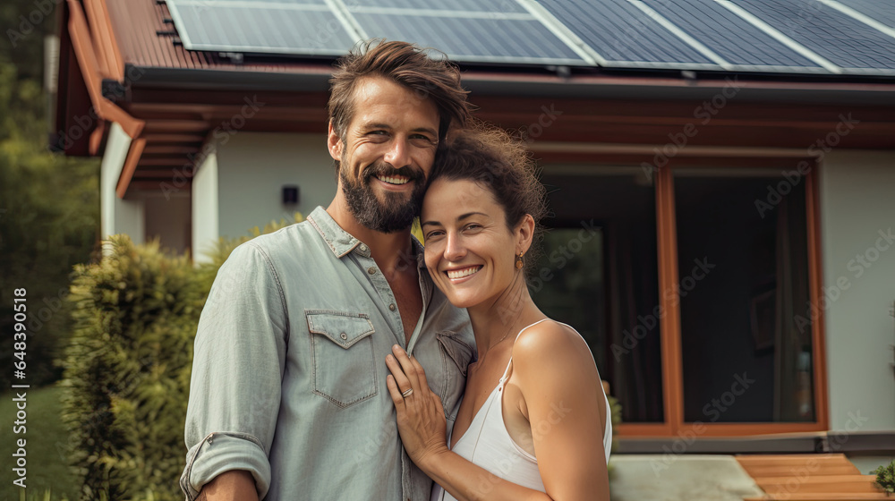 A happy couple stands smiling in front of a large house with solar panels installed. Generetive Ai