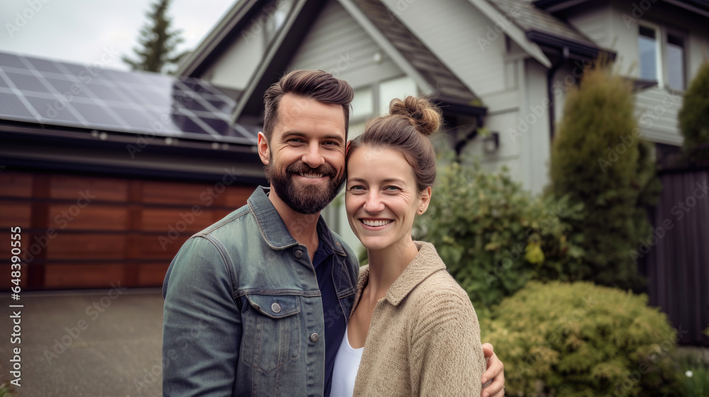 A happy couple stands smiling in front of a large house with solar panels installed. Generetive Ai