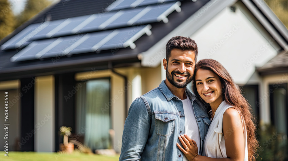 A happy couple stands smiling in front of a large house with solar panels installed. Generetive Ai