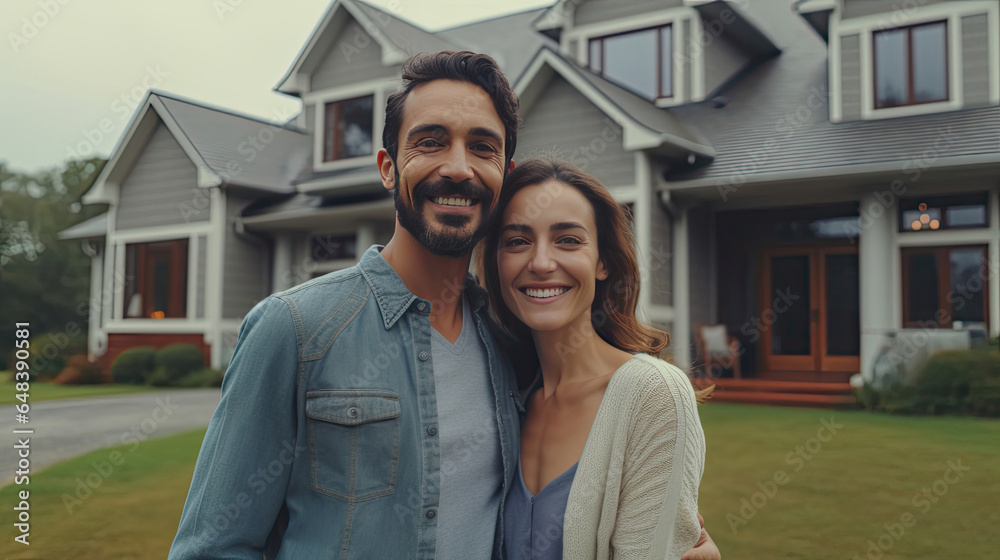 A happy Husband and wife stands smiling in front of a large house. new house concept creating a family. Generetive Ai