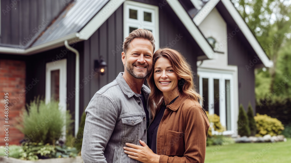 A happy Husband and wife stands smiling in front of a large house. new house concept creating a family. Generetive Ai