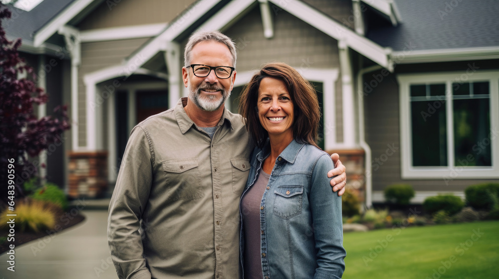 A happy Husband and wife stands smiling in front of a large house. new house concept creating a family. Generetive Ai