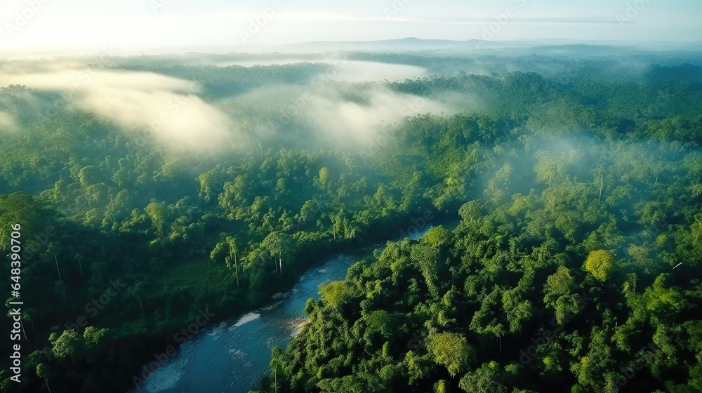 Aerial view of Beautiful green amazon forest landscape in the morning. Nature background. Generetive Ai