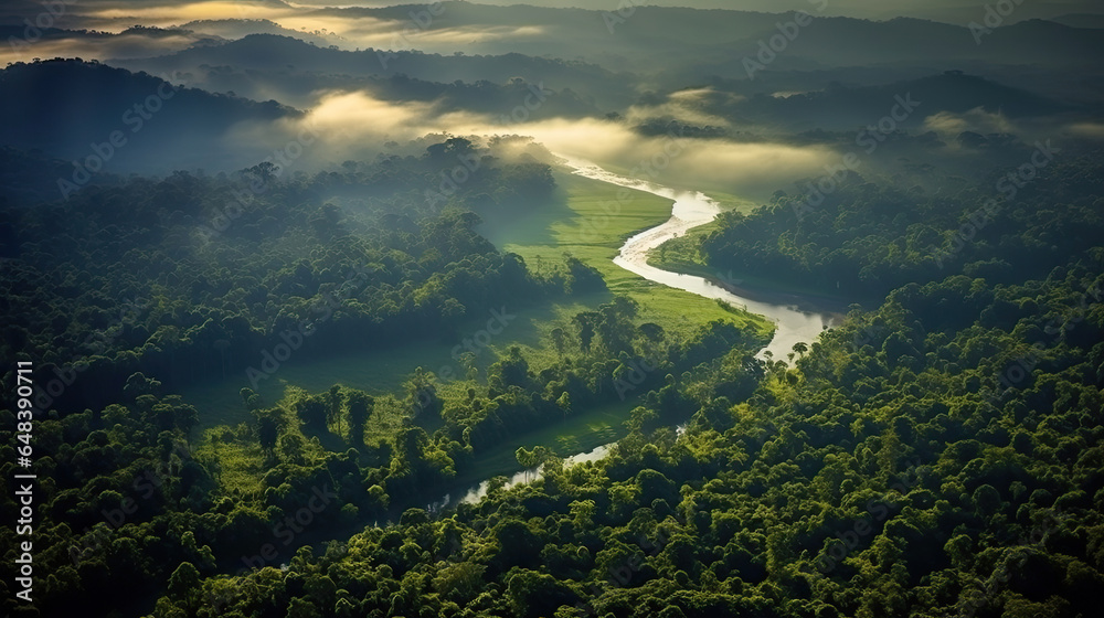 Aerial view of Beautiful green amazon forest landscape in the morning. Nature background. Generetive Ai