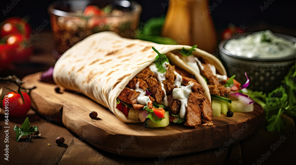 Delicious shawarma served on wooden board on table in cafe. Grilled pita wrapping chicken meat and fresh vegetables with sauce. healthy food. Generetive Ai